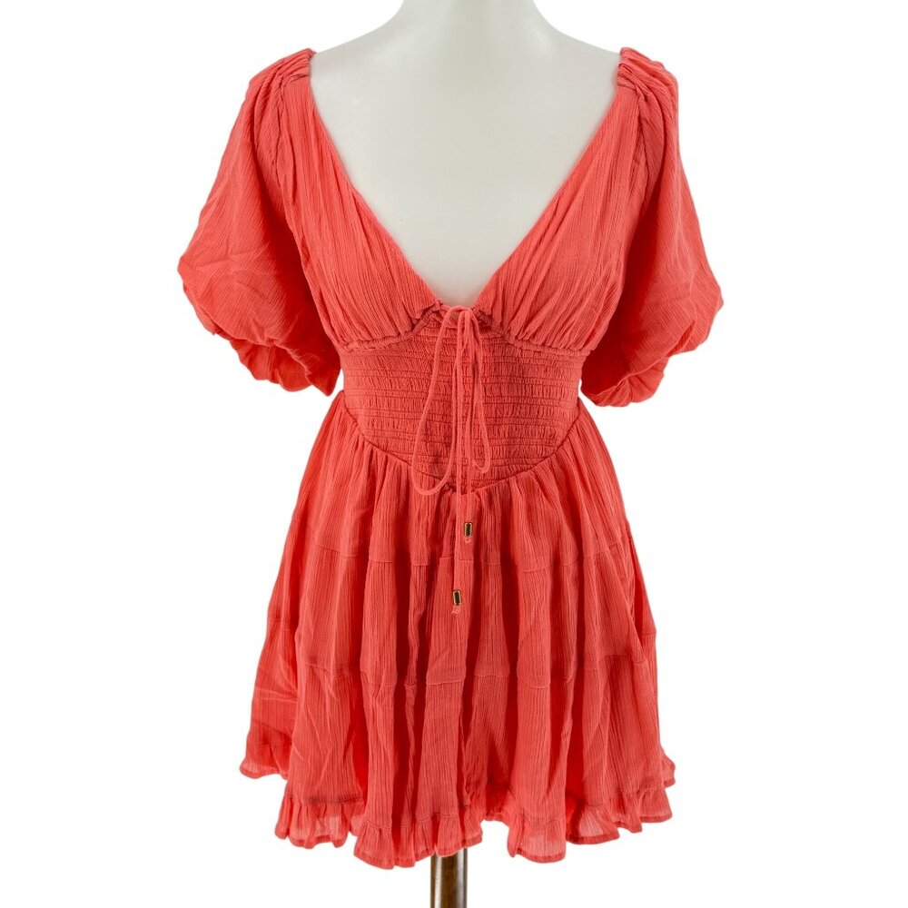 Free People Perfect Day Mini Dress Watermelon Open Back Puff Sleeves Lined Tiere